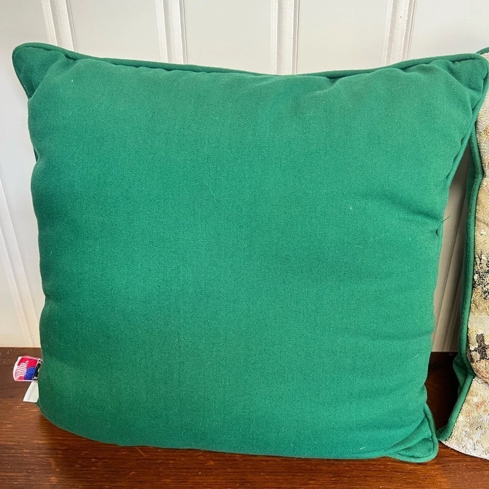 Riverdale Made In USA Cream and Green Holiday Pillows with Snowy Scene
